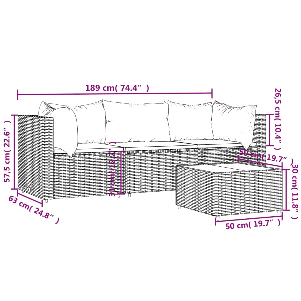 4 pcs conjunto lounge de jardim c/ almofadões vime PE cinzento