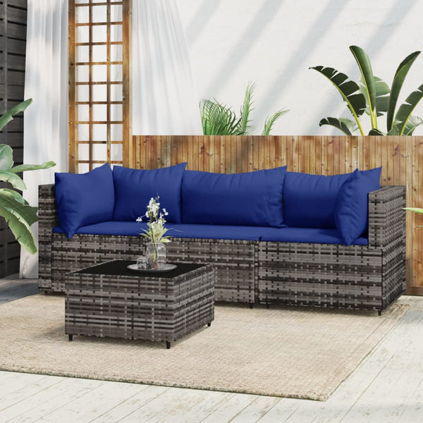 4 pcs conjunto lounge de jardim c/ almofadões vime PE cinzento