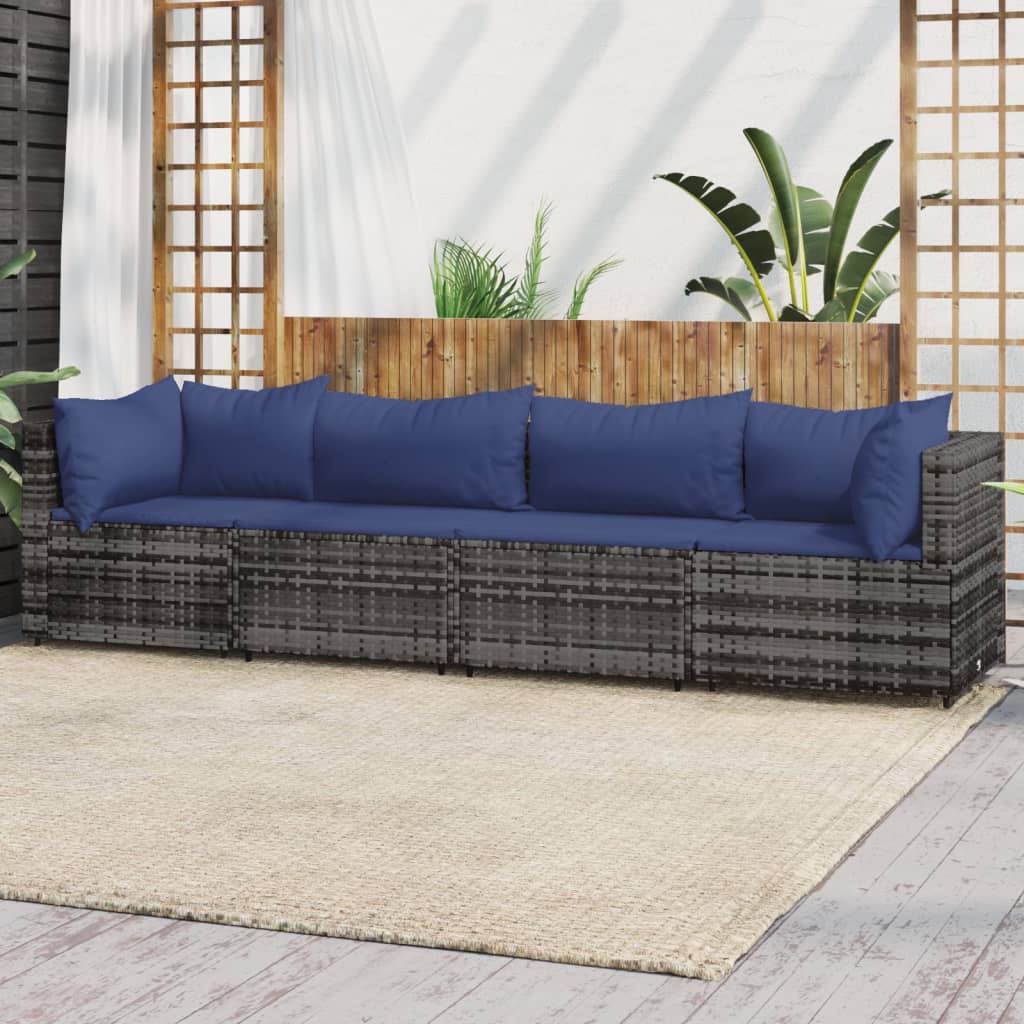 4 pcs conjunto lounge de jardim c/ almofadões vime PE cinzento