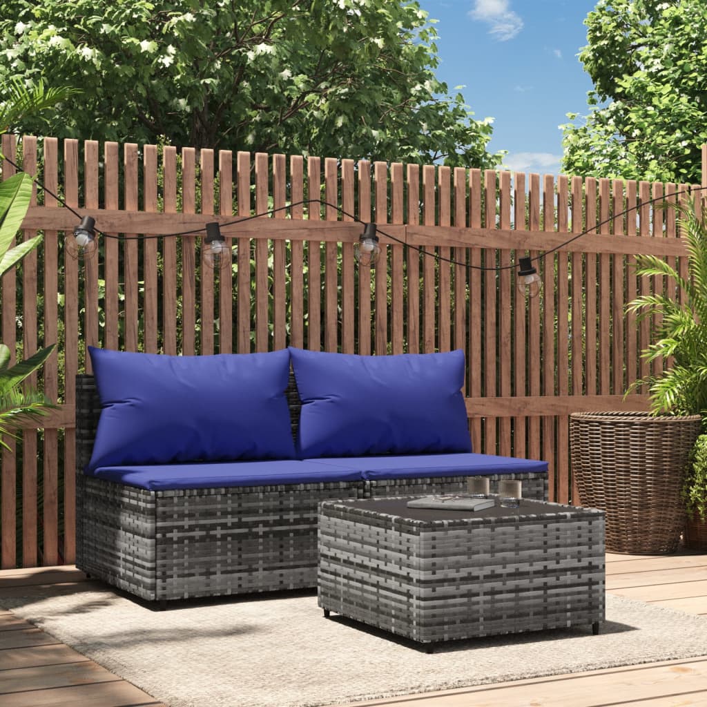 3 pcs conjunto lounge de jardim c/ almofadões vime PE cinzento