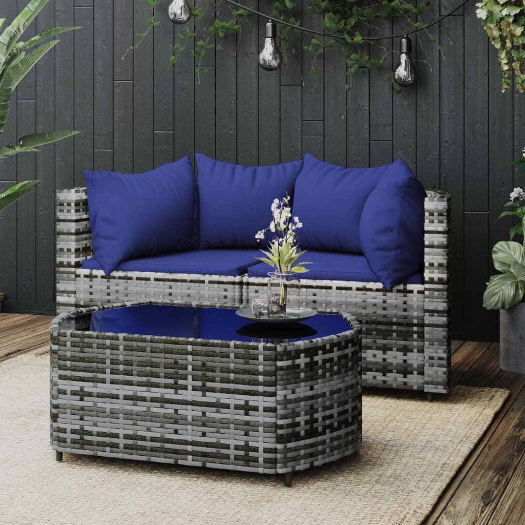 3 pcs garden lounge set with cushions gray PE rattan