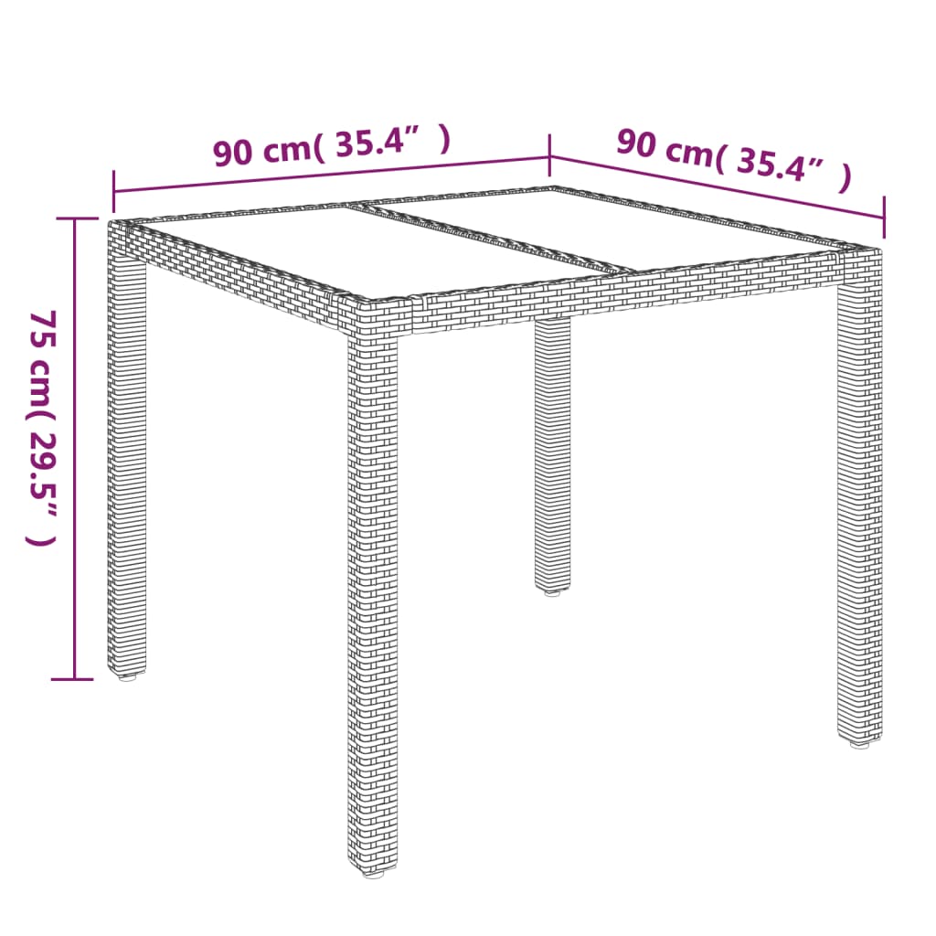 Garden table with glass top 90x90x75 cm black PE rattan