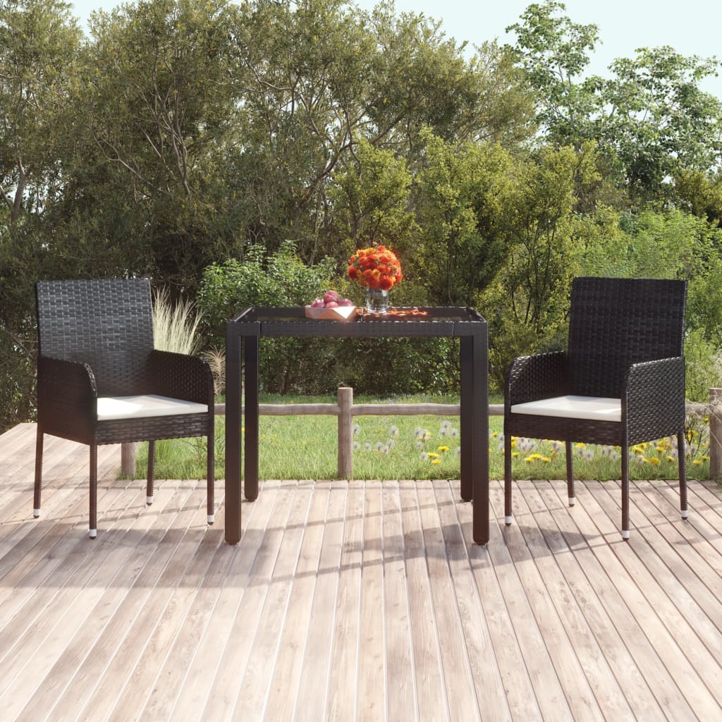 Garden table with glass top 90x90x75 cm black PE rattan