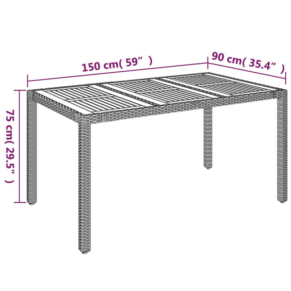 Mesa de jardim com tampo de madeira 150x90x75 cm vime PE cinza