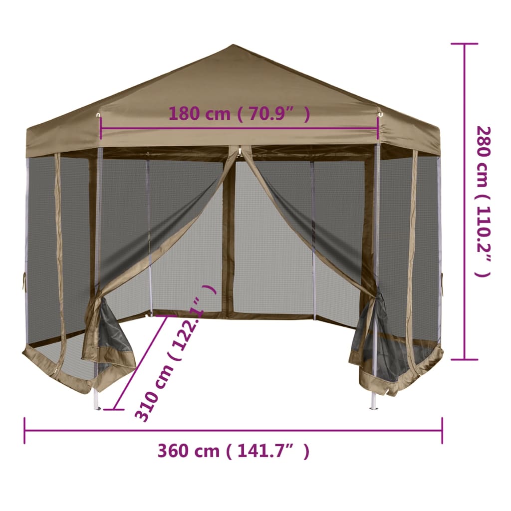 Tenda pop-up hexágono c/paredes 3,6x3,1m 220g/m² cinza-castanho