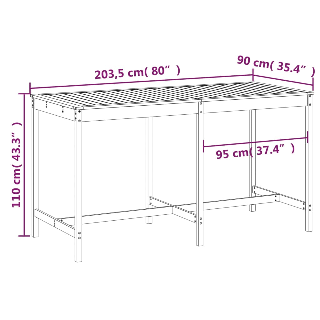 Mesa de jardín 203,5x90x110 cm madera maciza de pino