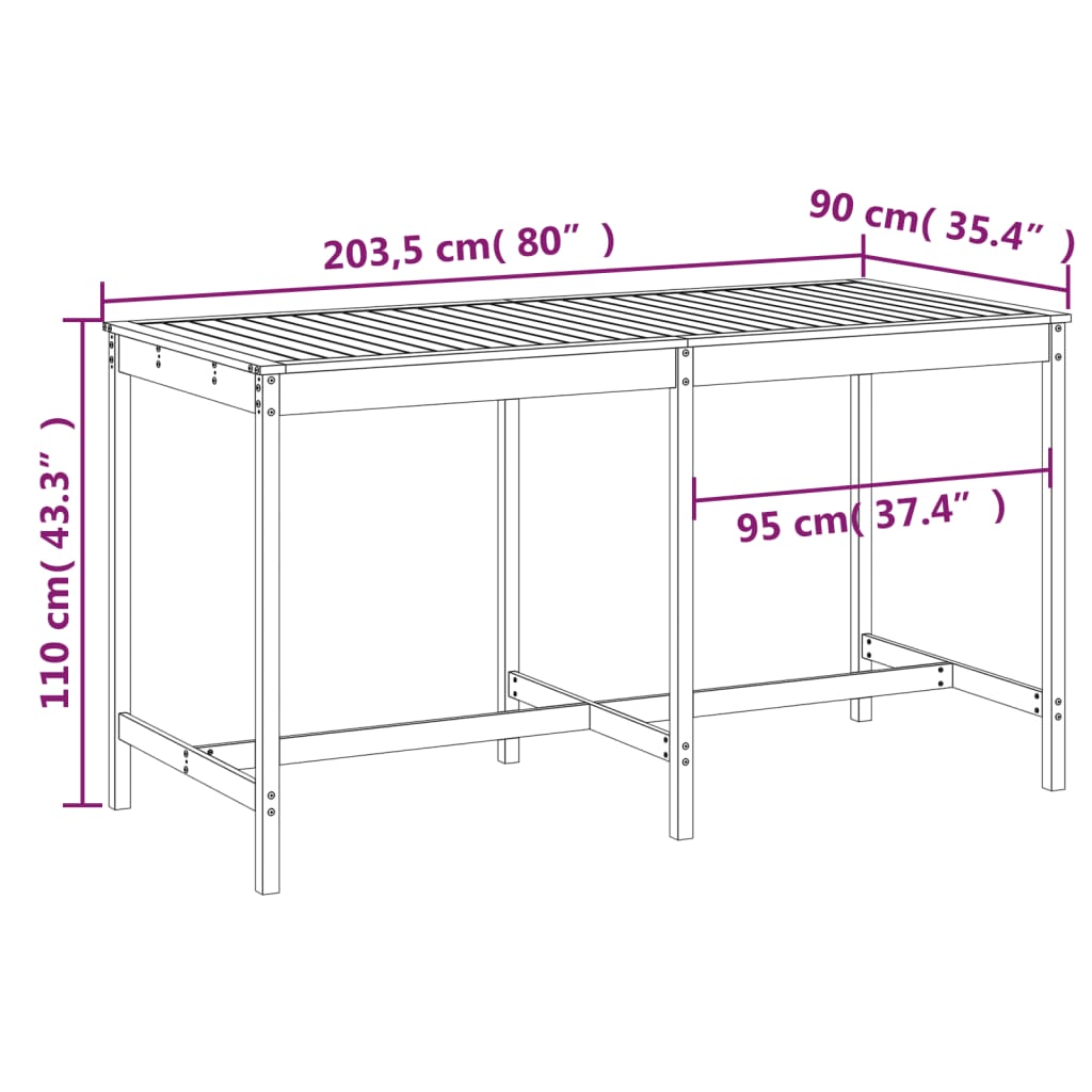 Mesa de jardim 203,5x90x110 cm madeira de pinho maciça branco