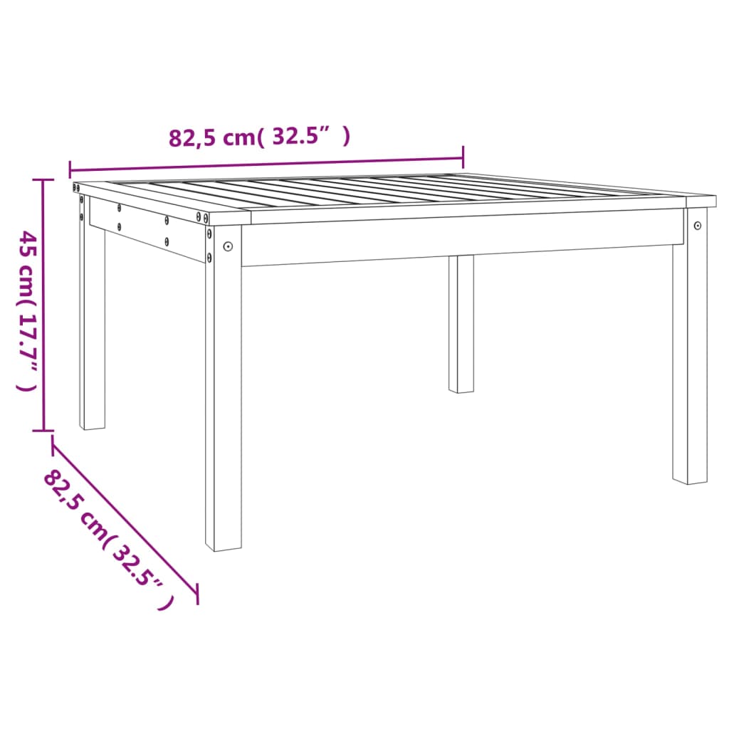 Mesa de jardín 82,5x82,5x45 cm madera maciza de pino negro