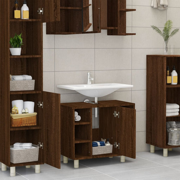 Brown oak wood bathroom cabinet