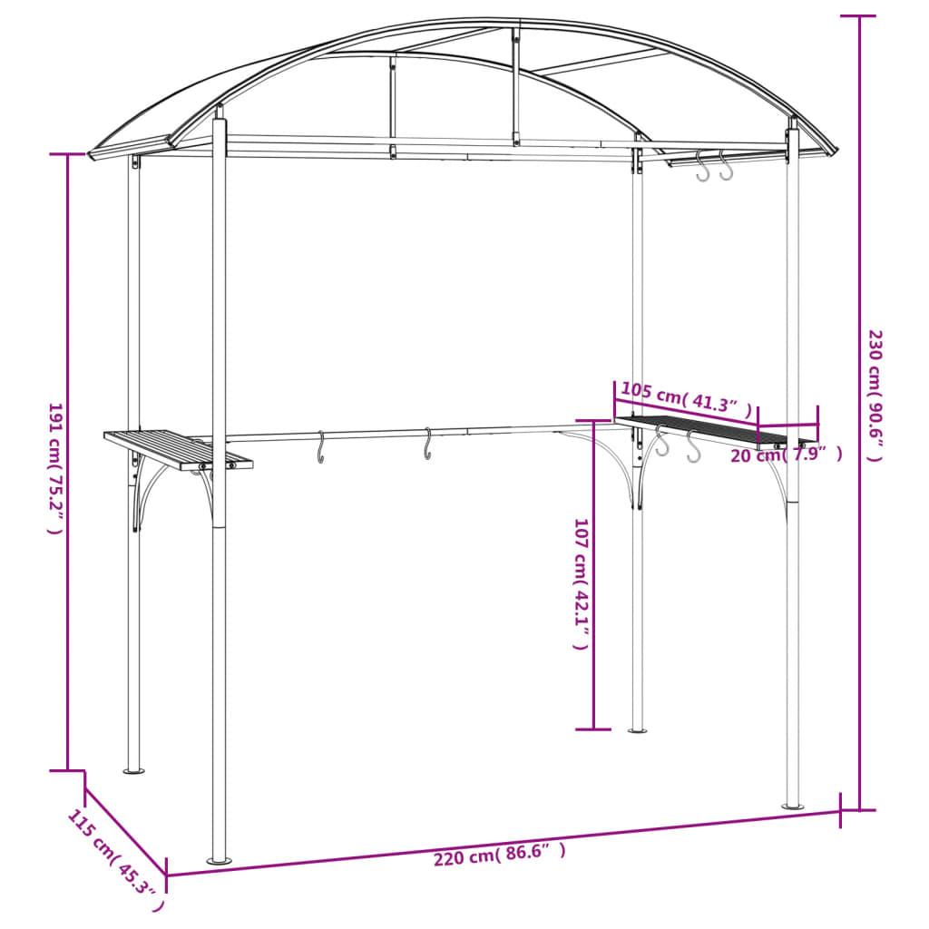 Gazebo churrasco prateleiras laterais 220x115x230 aço antracite