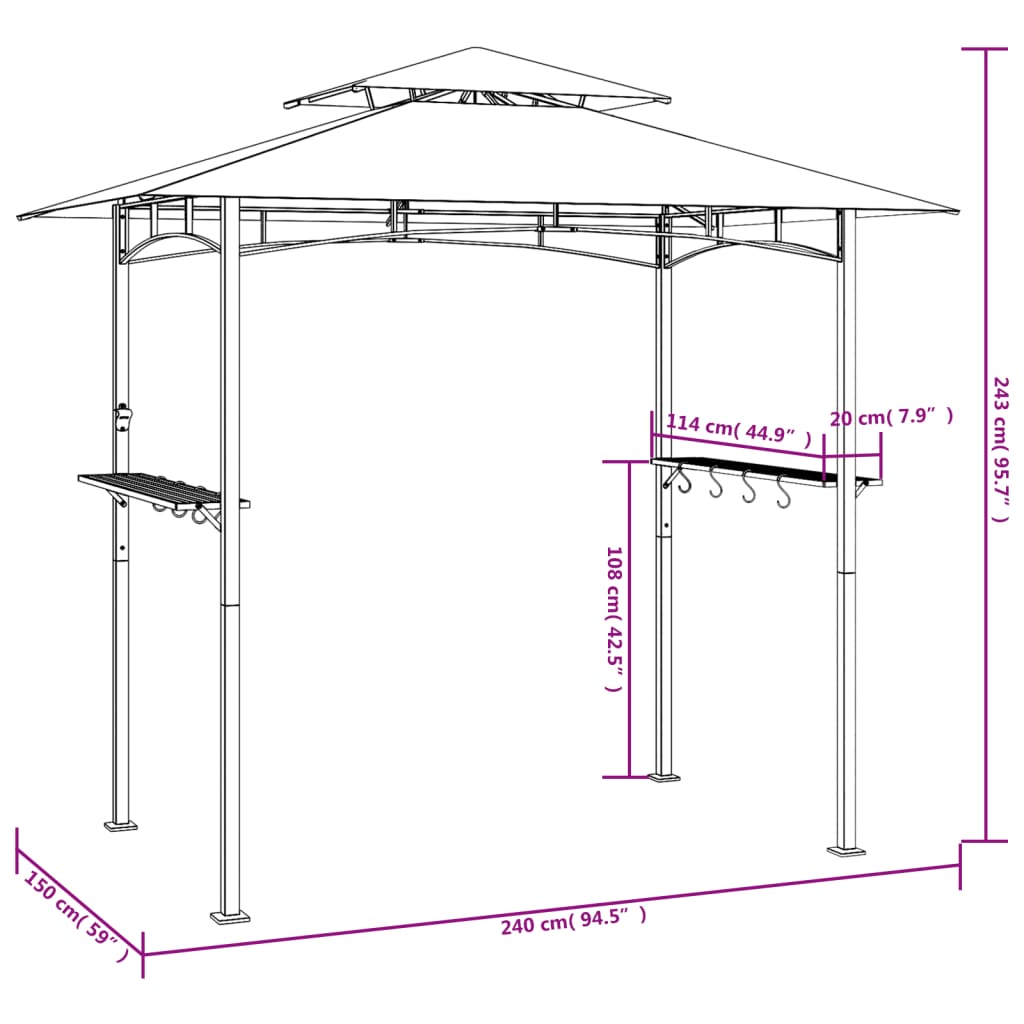 Gazebo churrasco prateleiras laterais 240x150x243 aço antracite