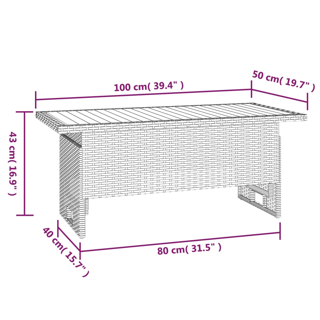 Mesa de jardim 100x50x43/63 cm acácia maciça/vime PE preto