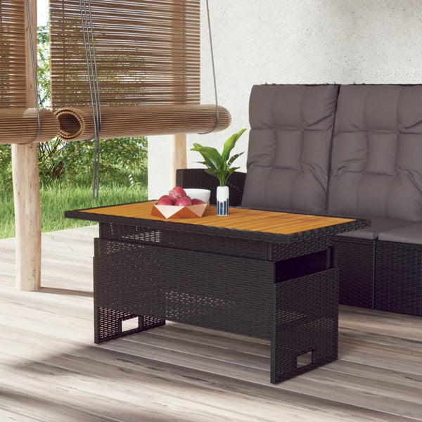 Mesa de jardim 100x50x43/63 cm acácia maciça/vime PE preto