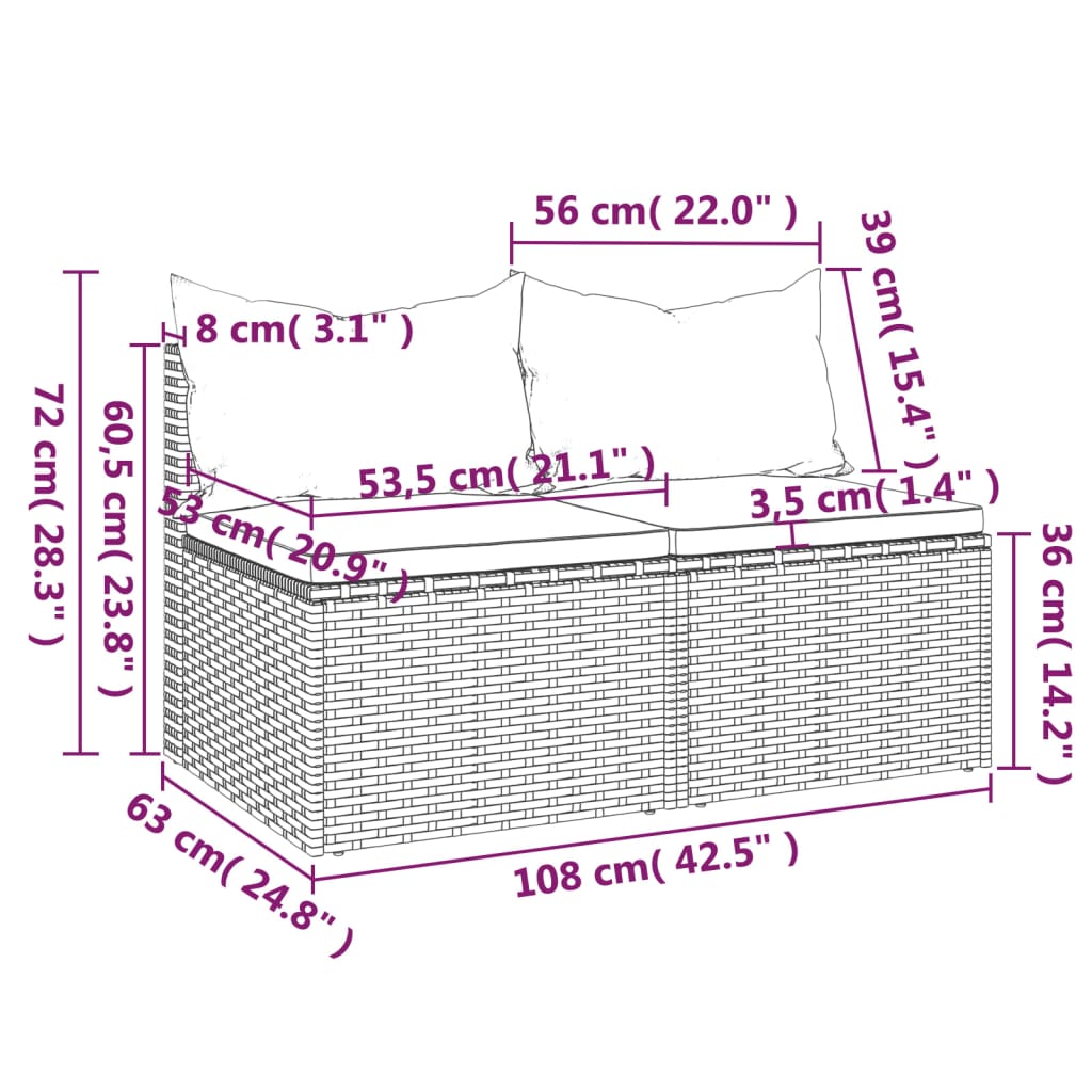 Sofás de centro p/ jardim c/ almofadões 2 pcs vime PE cinzento