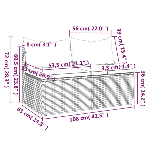 Sofás de centro p/ jardim c/ almofadões 2 pcs vime PE cinzento