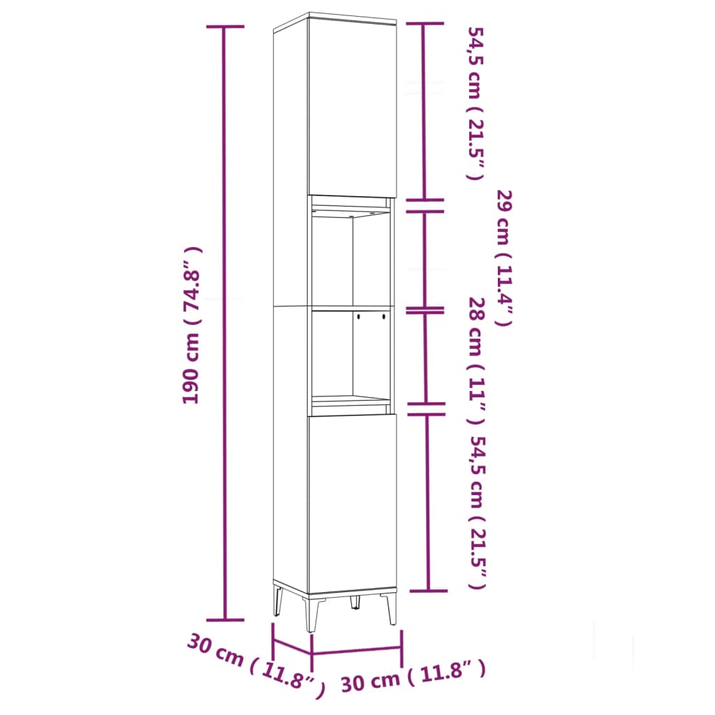 WC cabinet 30x30x190 cm made of sonoma gray wood