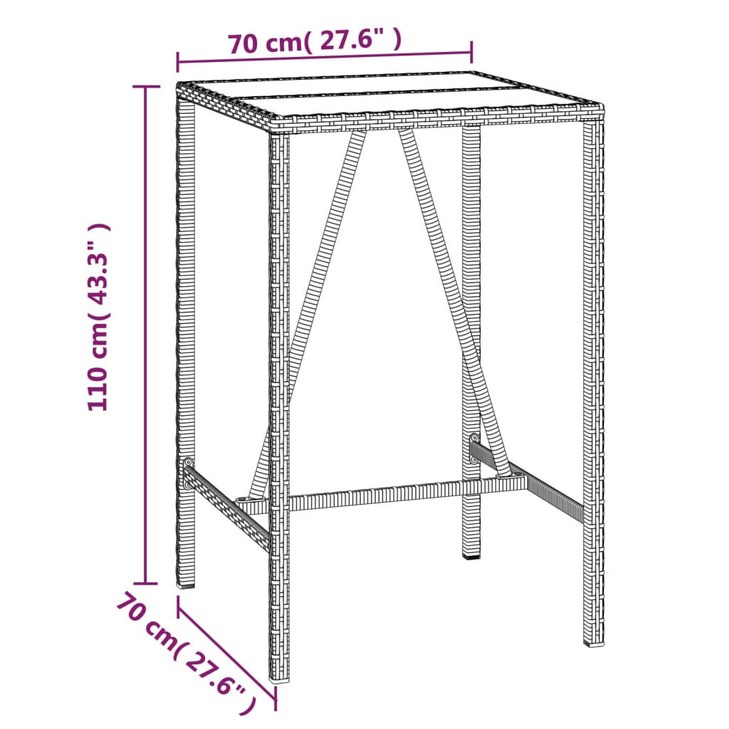 Mesa de bar com tampo de vidro 70x70x110 cm vime PE preto