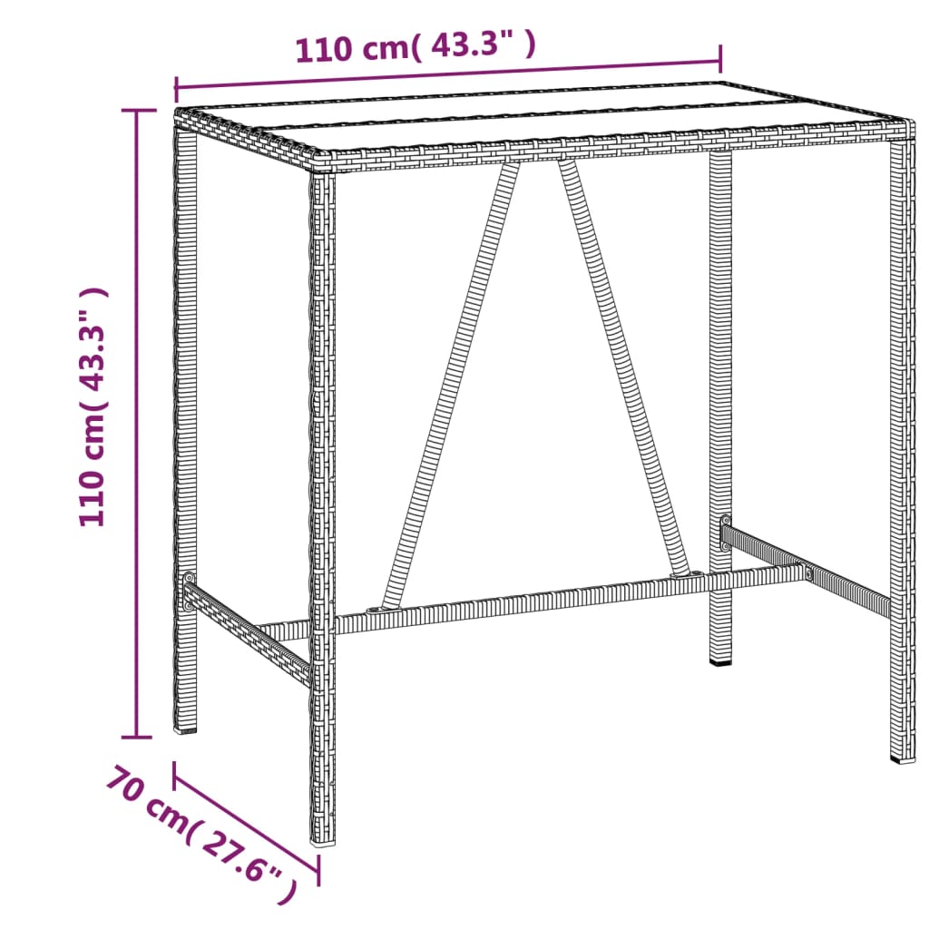 Mesa de bar com tampo de vidro 110x70x110 cm vime PE castanho