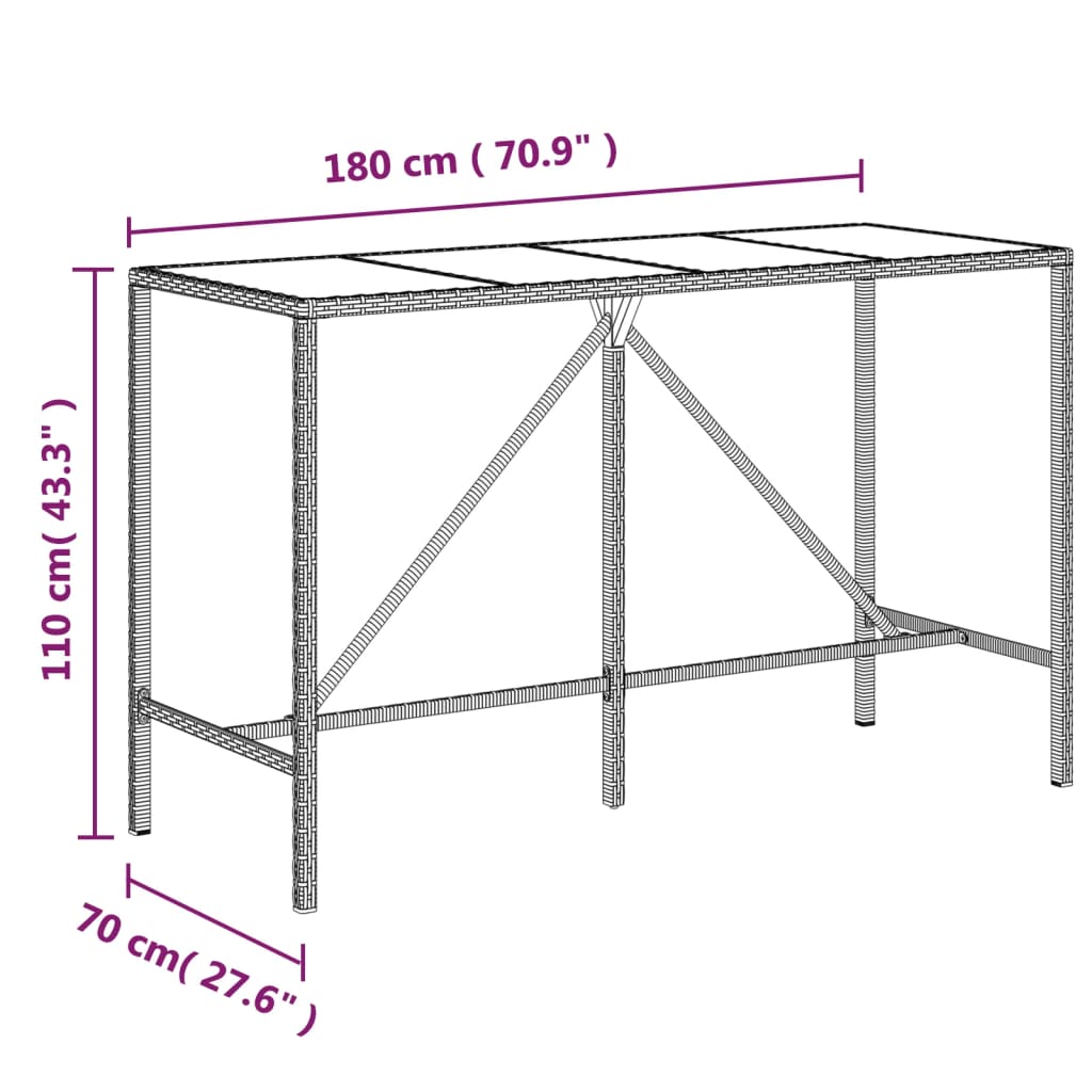 Mesa de bar com tampo de vidro 180x70x110 cm vime PE castanho