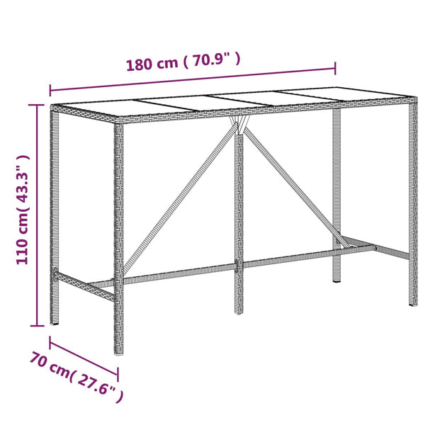 Mesa de bar com tampo de vidro 180x70x110 cm vime PE preto