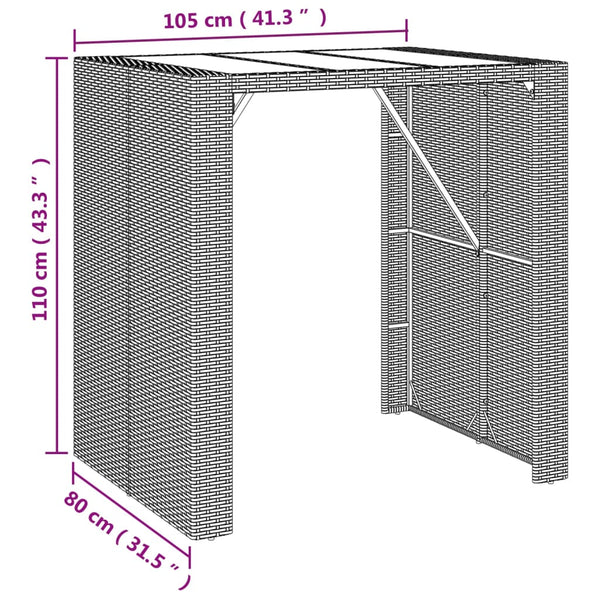 Mesa de bar com tampo de vidro 105x80x110 cm vime PE cinzento