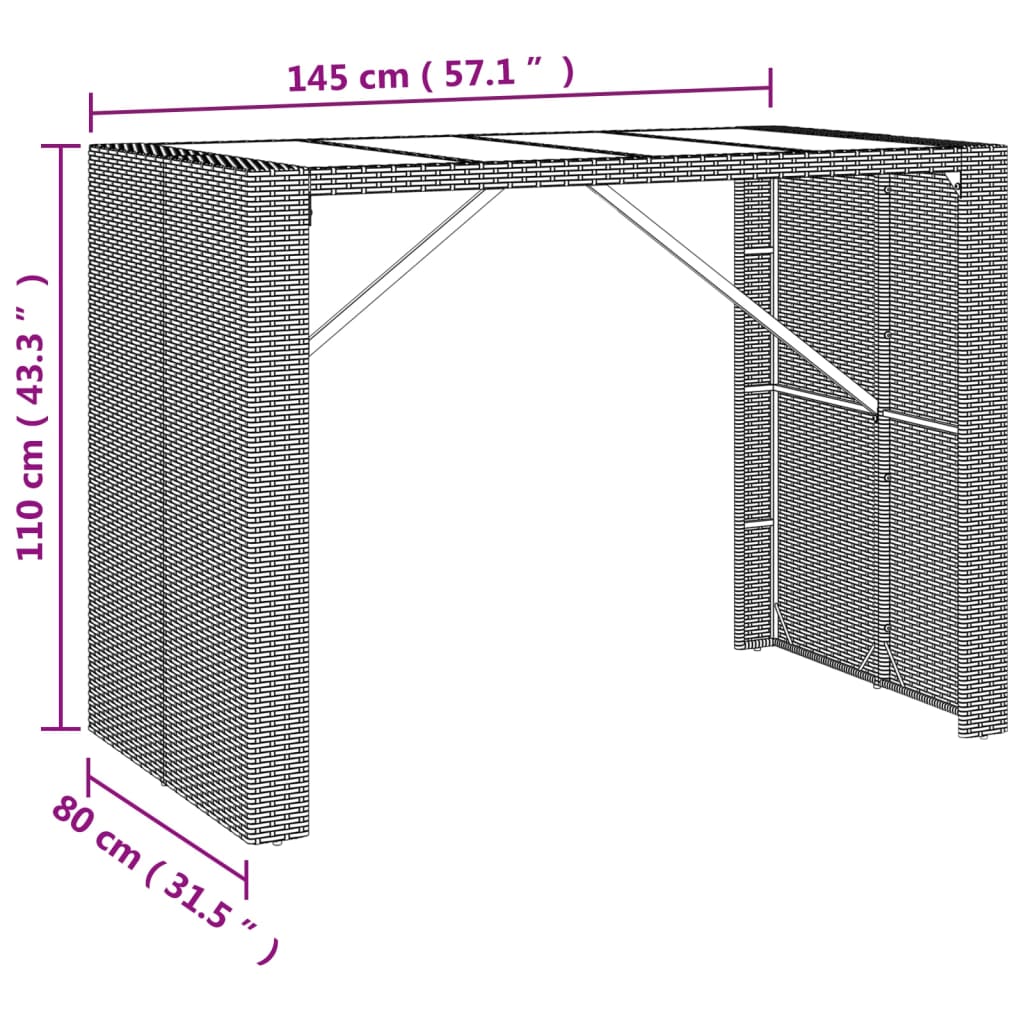 Mesa de bar com tampo de vidro 145x80x110 cm vime PE preto