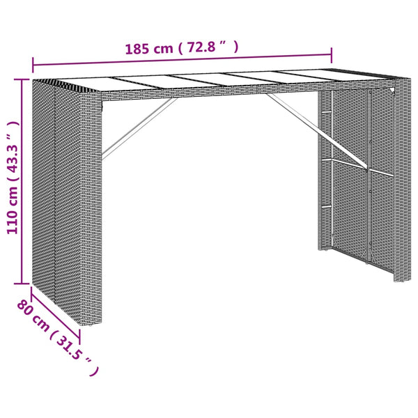 Mesa de bar com tampo de vidro 185x80x110 cm vime PE castanho