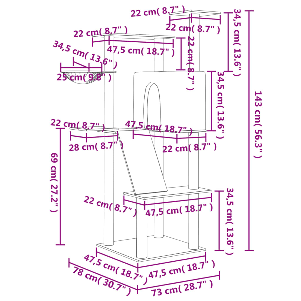 Árvore p/ gatos c/ postes arranhadores sisal 143 cm cinza-claro