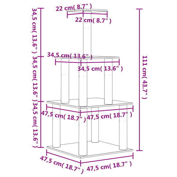 Árvore p/ gatos c/ postes arranhadores sisal 111 cm cinza-claro