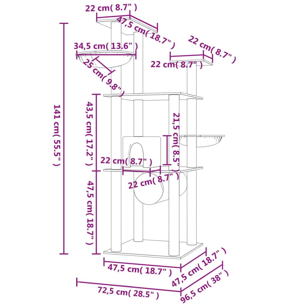 Árvore p/ gatos c/ postes arranhadores sisal 141 cm cinza-claro