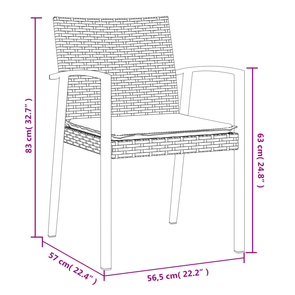 Cadeiras jardim + almofadões 2pcs 56,5x57x83cm vime PE castanho