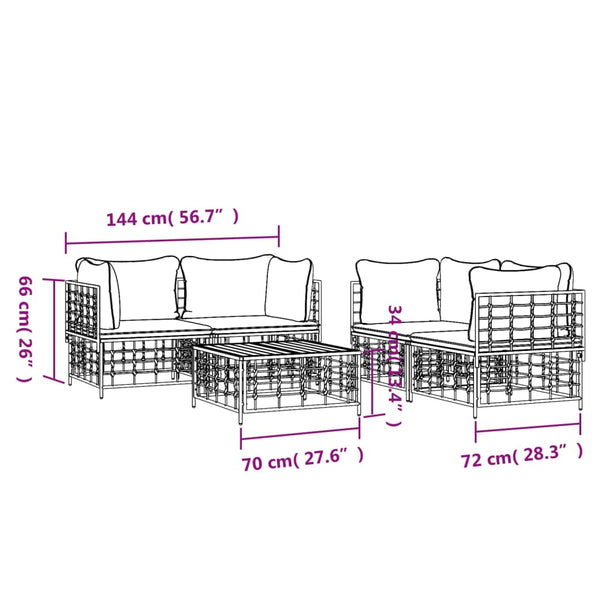 5 pcs conjunto lounge de jardim c/ almofadões vime PE antracite