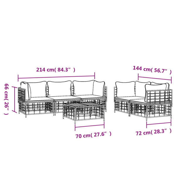 6 pcs conjunto lounge de jardim c/ almofadões vime PE antracite