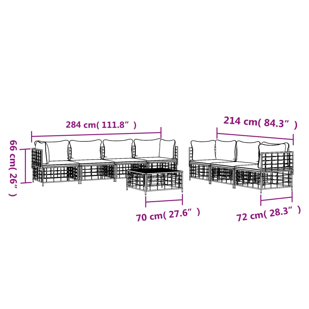 8 pcs conjunto lounge de jardim c/ almofadões vime PE antracite