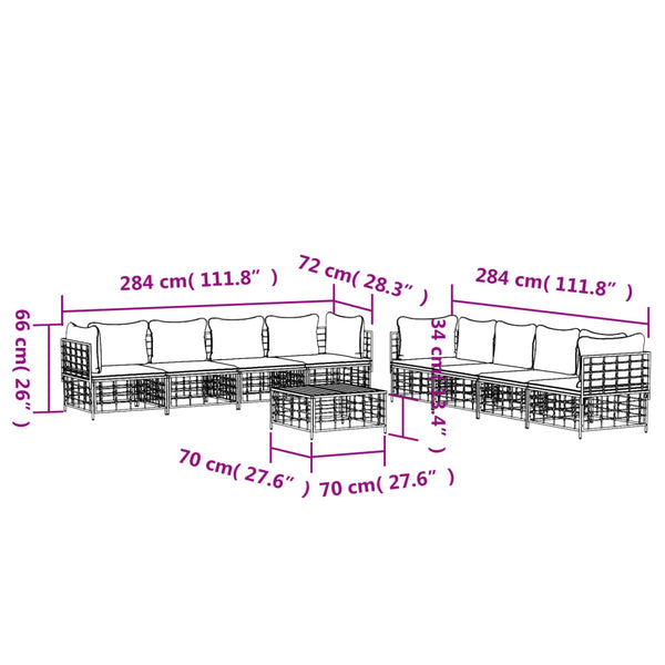 9 pcs conjunto lounge de jardim c/ almofadões vime PE antracite