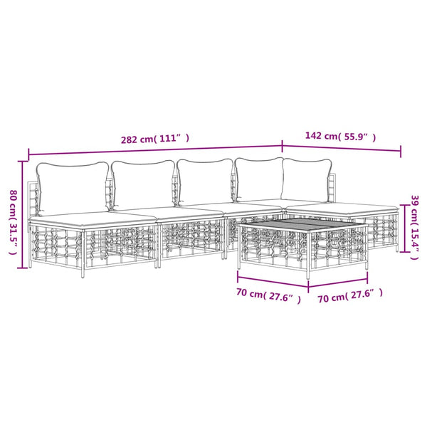 6 pcs conjunto lounge de jardim c/ almofadões vime PE antracite