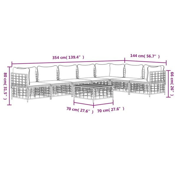 8 pcs conjunto lounge de jardim c/ almofadões vime PE antracite