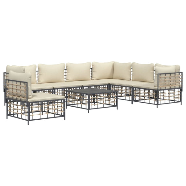 8 pcs conjunto lounge de jardim c/ almofadões vime PE antracite