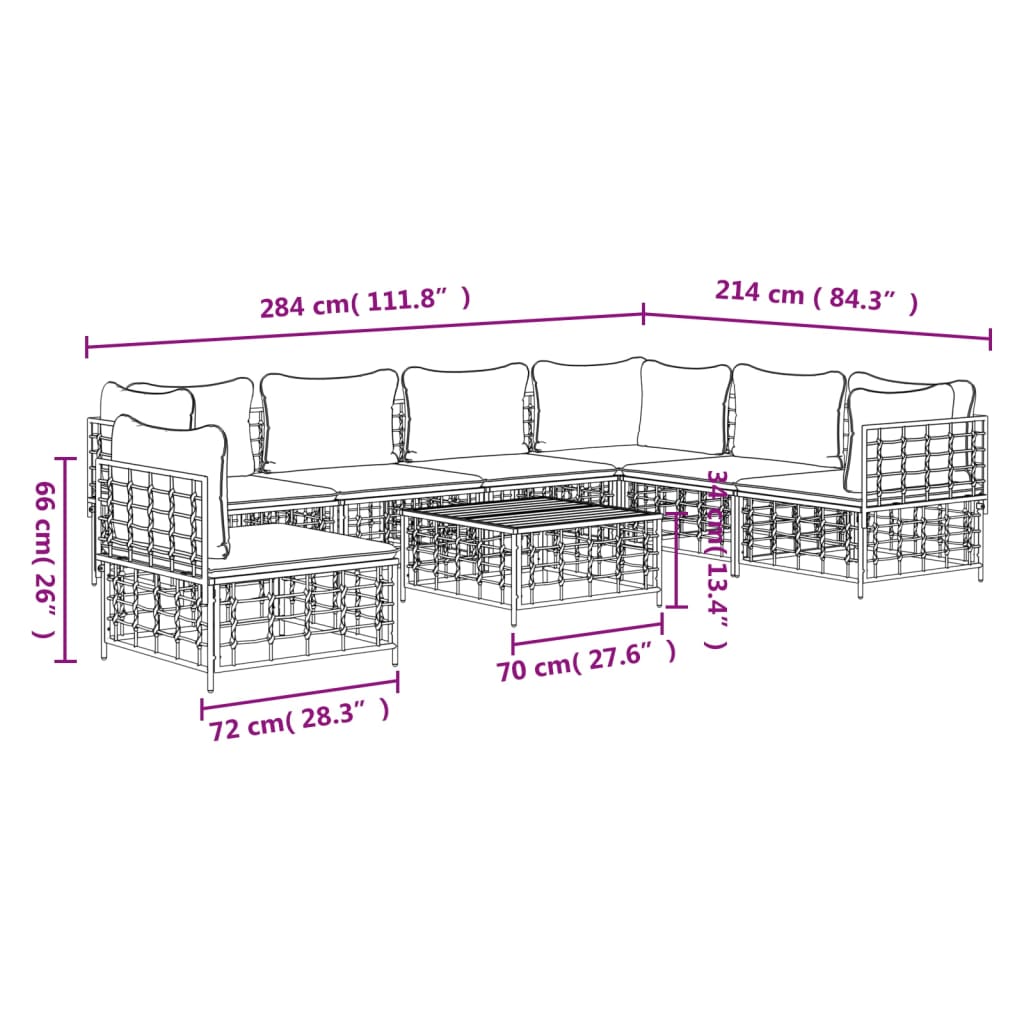 8 pcs conjunto lounge de jardim c/ almofadões vime PE antracite