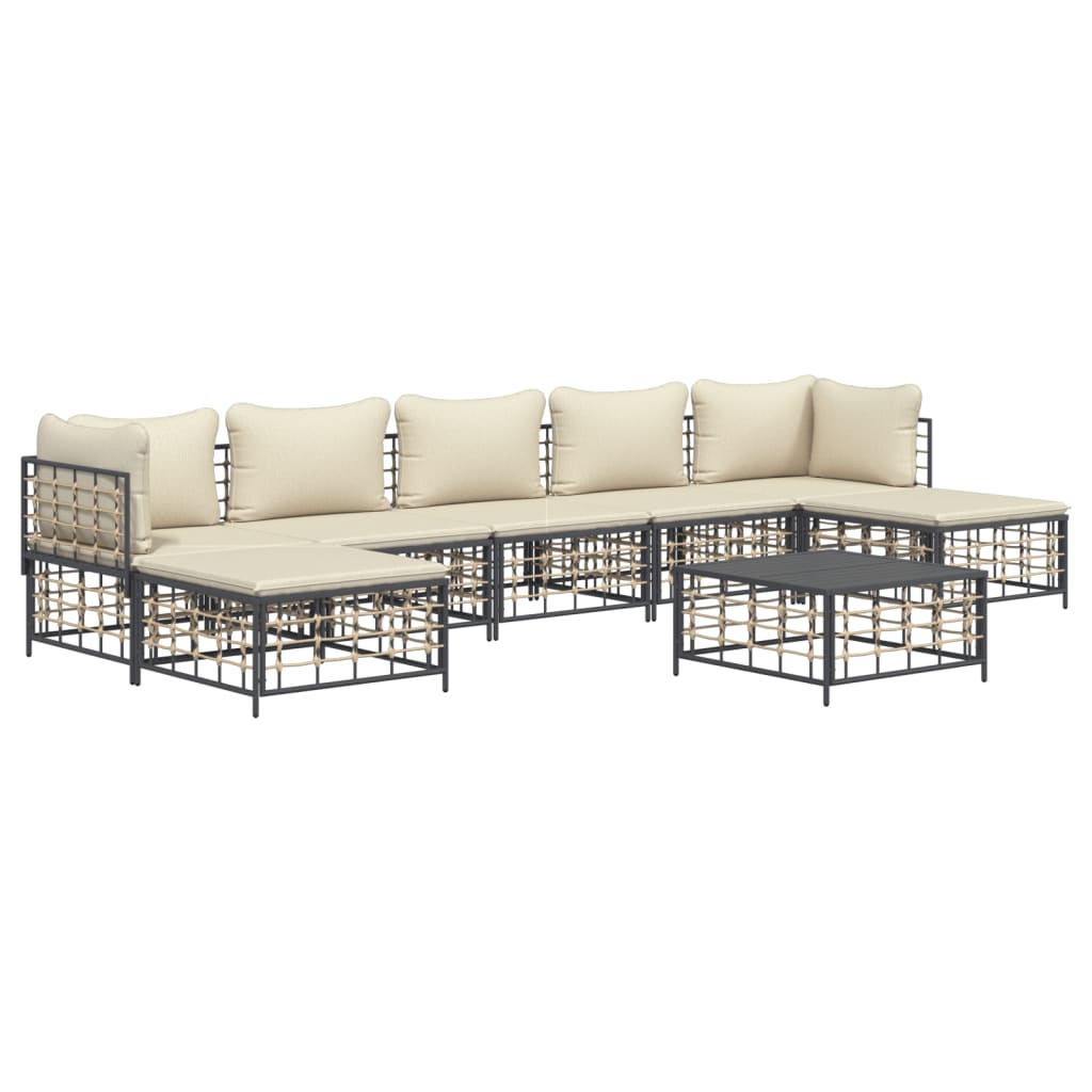 8 pcs conjunto lounge de jardim c/ almofadões vime PE antracite