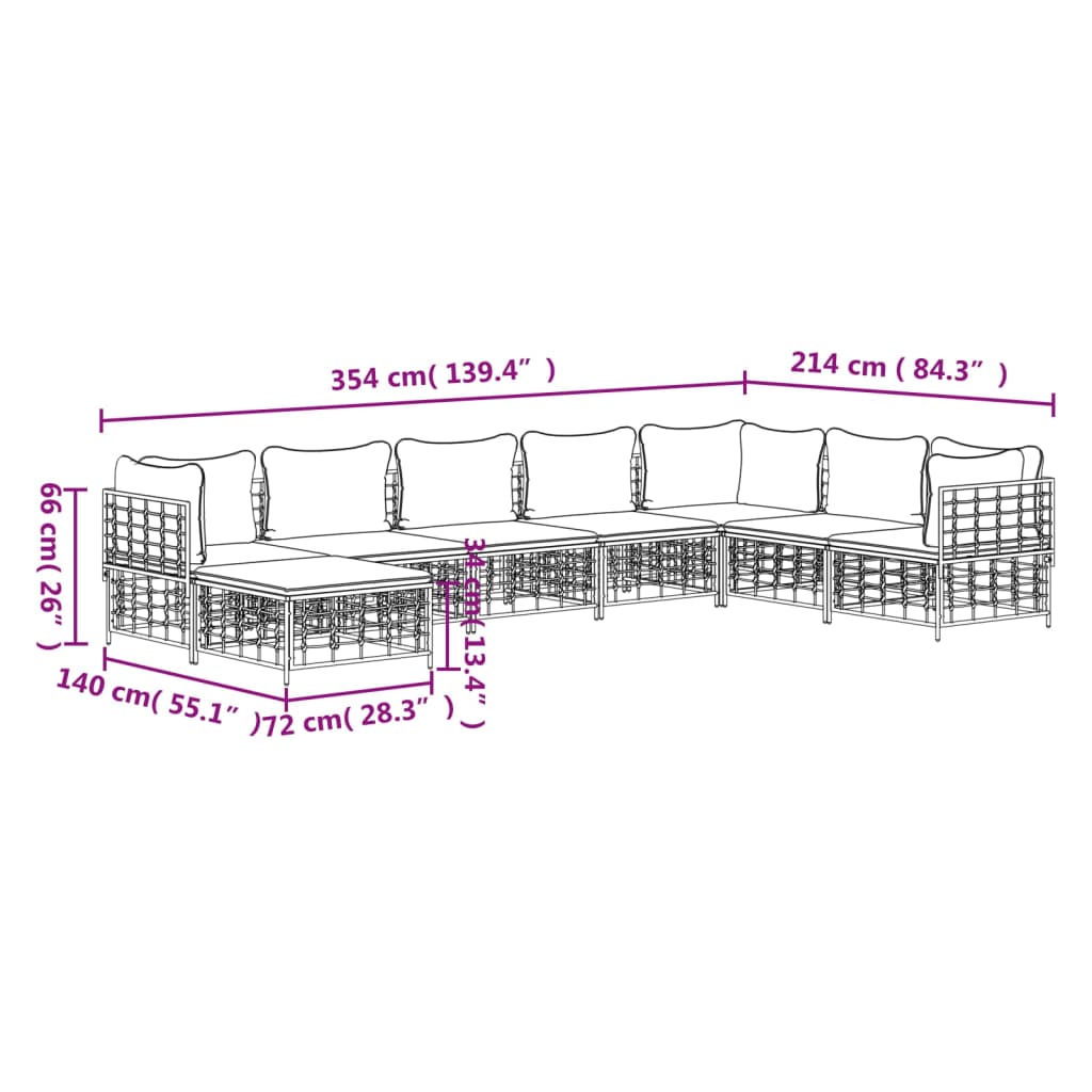 8 pcs conjunto lounge de jardim c/ almofadões vime PE antracite