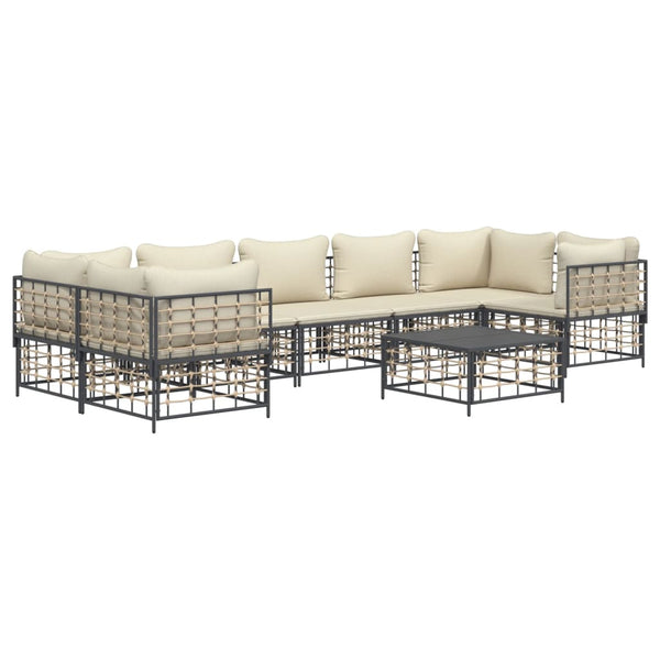 8 pcs conjunto lounge de jardim c/ almofadões vime PE antracite