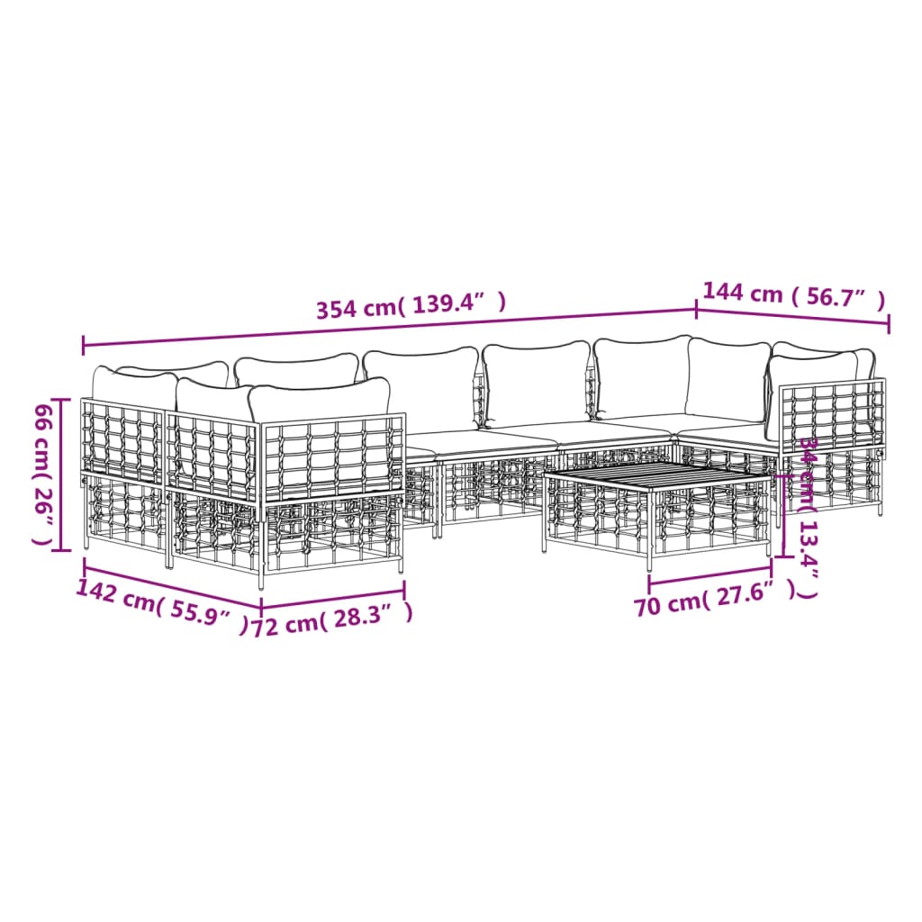 8 pcs conjunto lounge de jardim c/ almofadões vime PE antracite