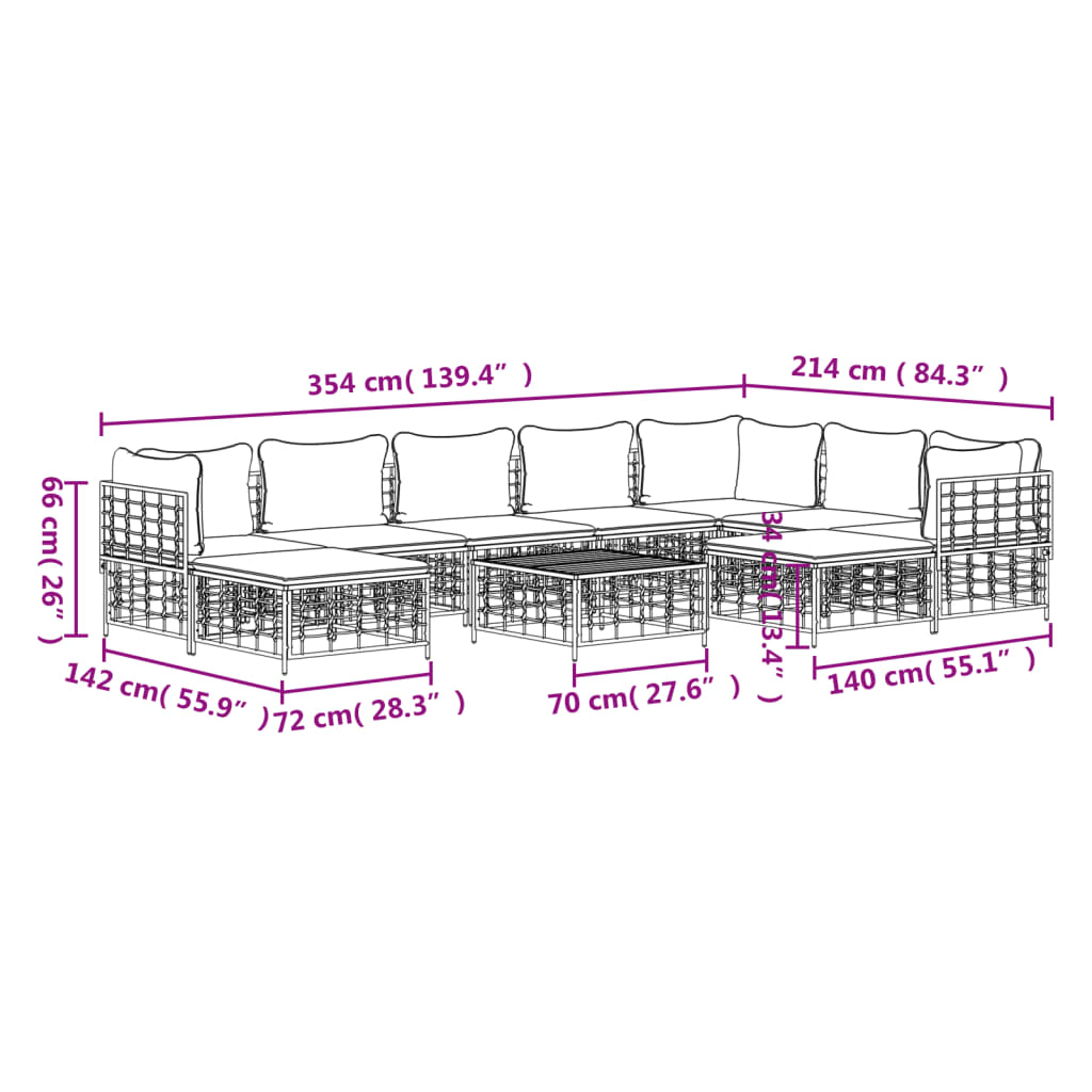 10pcs conjunto lounge de jardim c/ almofadões vime PE antracite