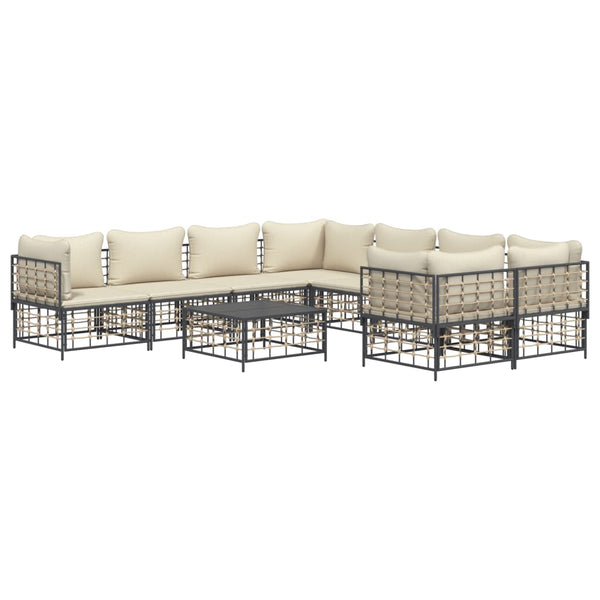 9 pcs conjunto lounge de jardim c/ almofadões vime PE antracite