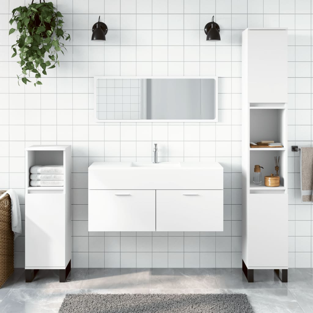 Mueble de baño de madera procesada blanca con espejo.