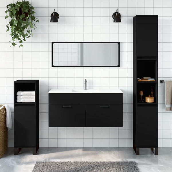 Mueble de baño con espejo fabricado en madera negra.