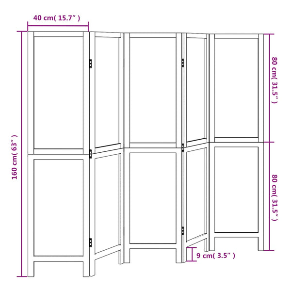 Biombo c/ 5 painéis madeira de paulownia maciça castanho-escuro