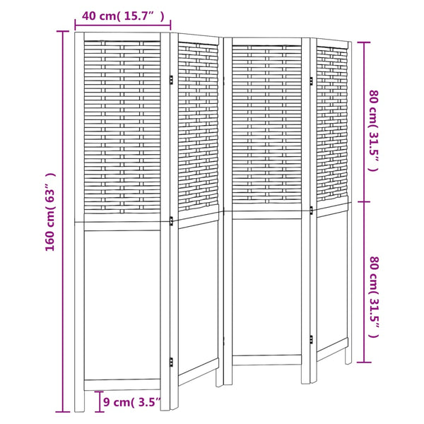 Biombo c/ 4 painéis madeira de paulownia maciça castanho-escuro