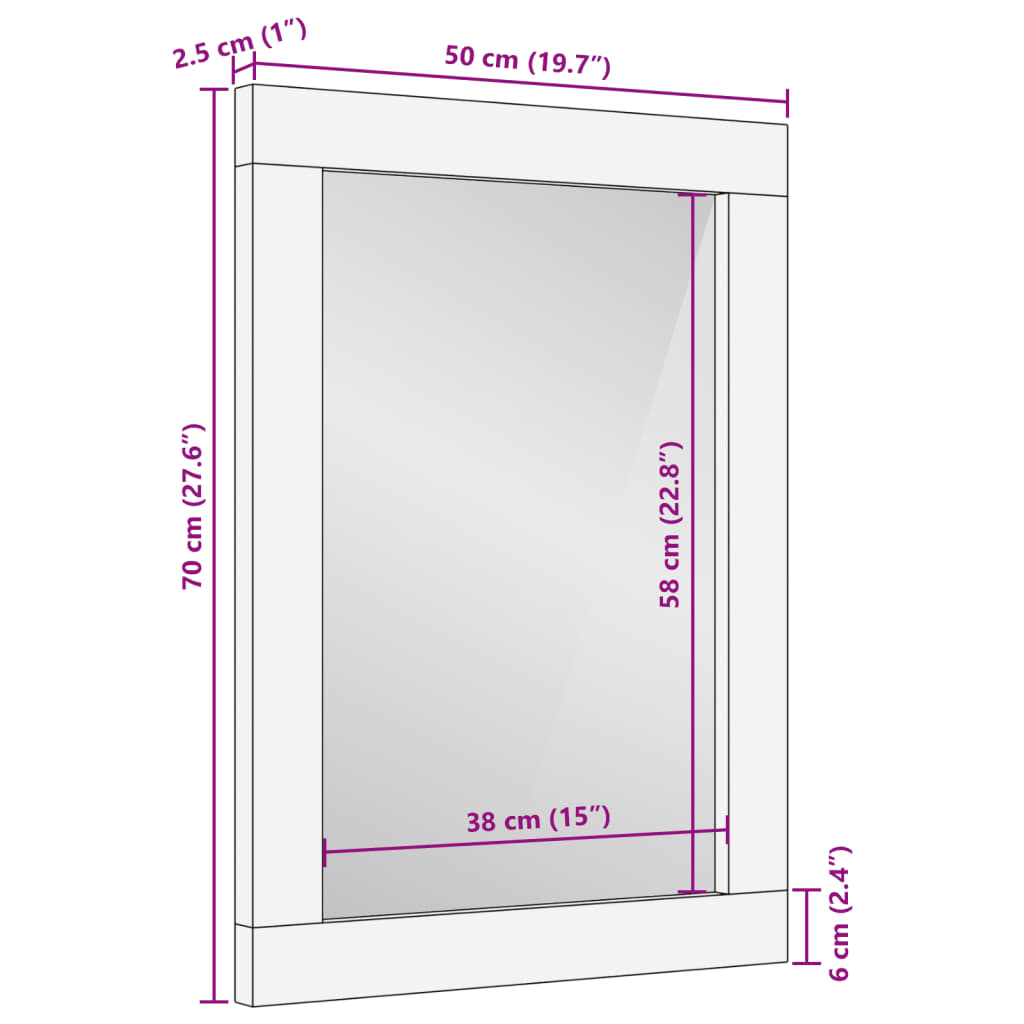 Espelho de casa de banho 50x70x2,5 cm mangueira maciça e vidro